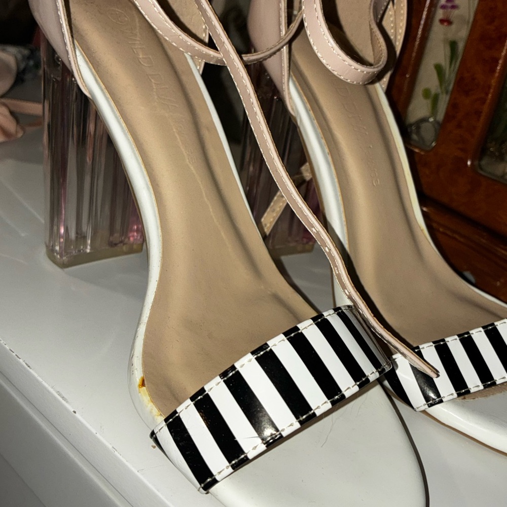 Diva Lounge Stylish Pink and Black Striped Women's Heels - NEVER WORN.